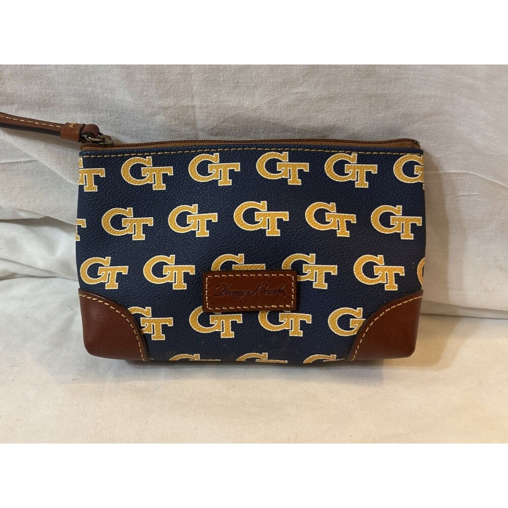 Dooney & Bourke Cosmetic Bag DB Monogram Signature Blue Tan Leather Trim  6x4x2”